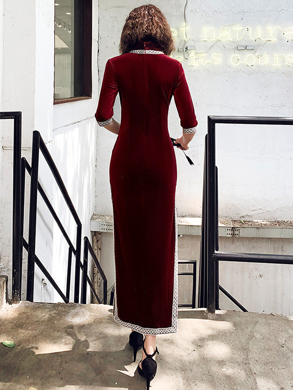 Red Purple Mother's Velvet Qipao / Cheongsam Party Dress