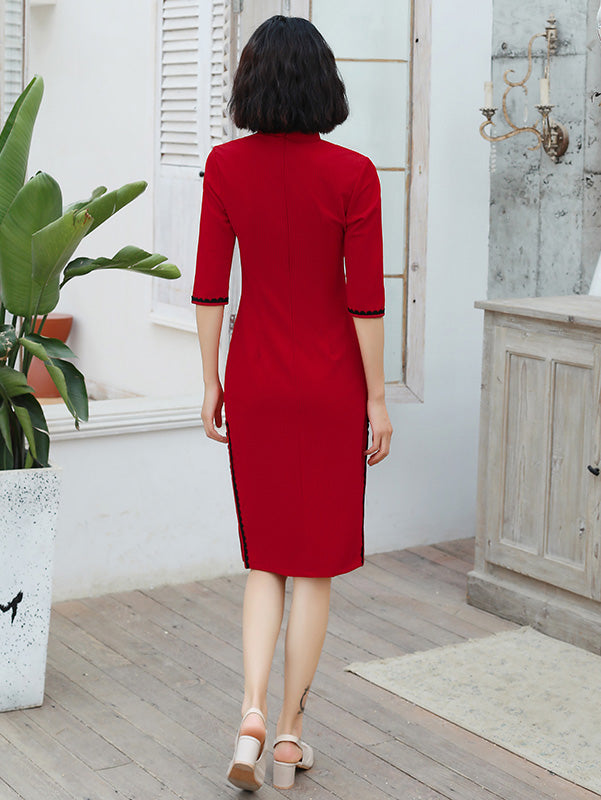 Red Knit Midi Winter Cheongsam / Qipao Dress