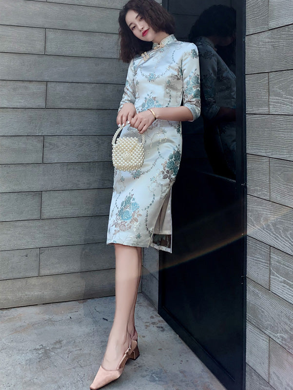 Blue Woven Floral Midi Winter Cheongsam / Qipao Dress