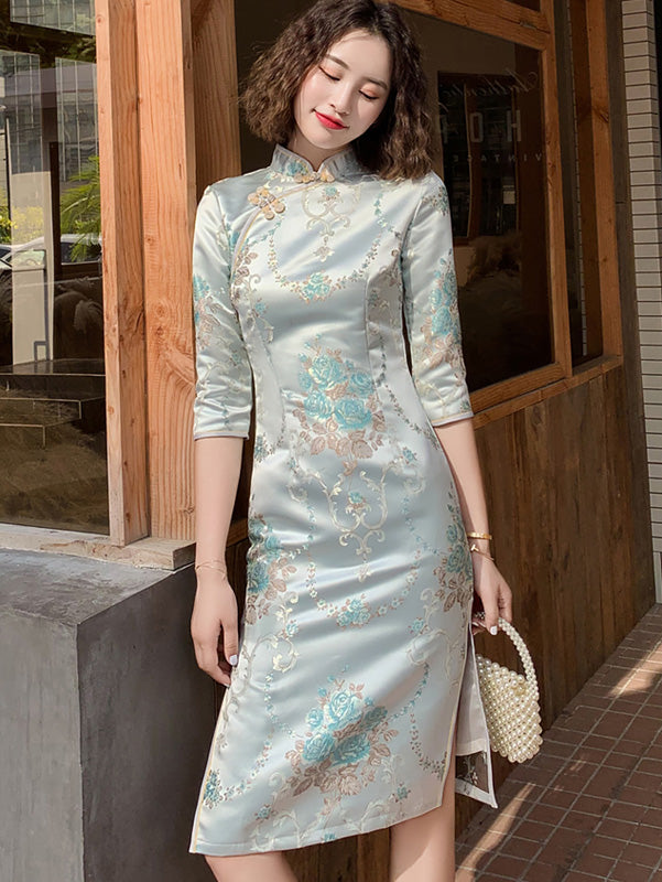 Blue Woven Floral Midi Winter Cheongsam / Qipao Dress