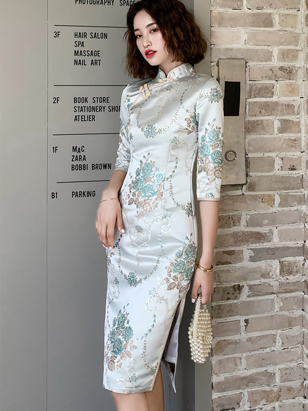 Blue Woven Floral Midi Winter Cheongsam / Qipao Dress