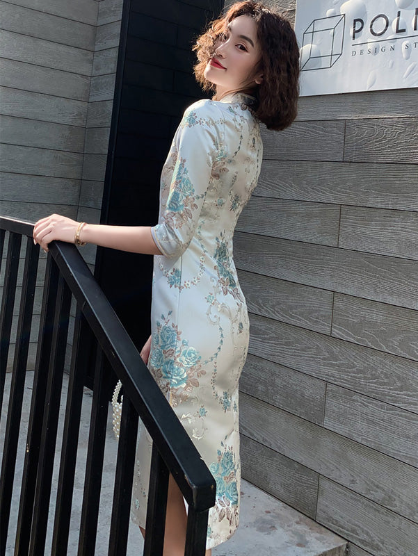 Blue Woven Floral Midi Winter Cheongsam / Qipao Dress