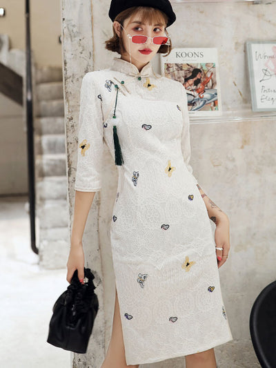 Embroidered Butterfly White Lace Qipao / Cheongsam Dress