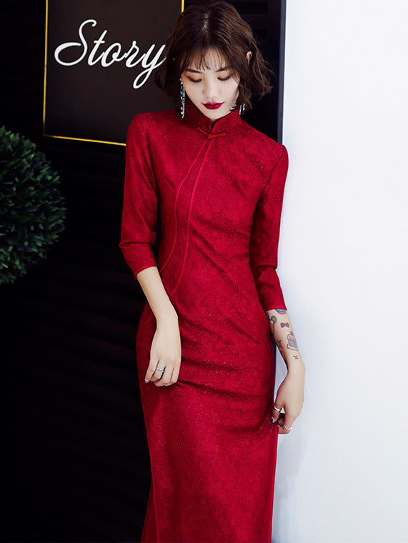 Wine Red Lace Long Sleeve Qipao / Wedding Cheongsam Dress