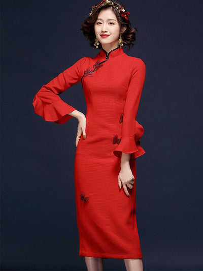 TeresaCollections - Embroidery Modern Cheongsam Red Sexy Qipao