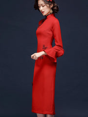 Red Frill Sleeve Tea-Length Qipao / Wedding Cheongsam Dress