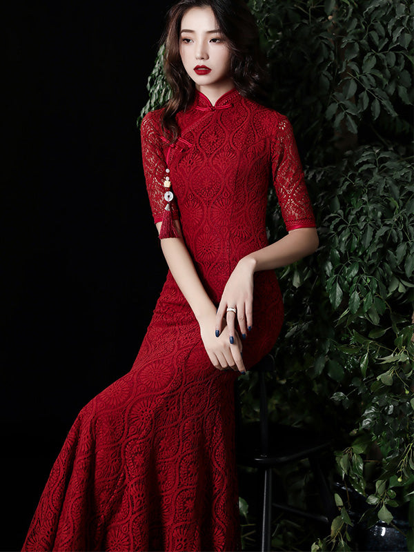 Burgundy Lace Fishtail Qipao / Wedding Cheongsam Dress