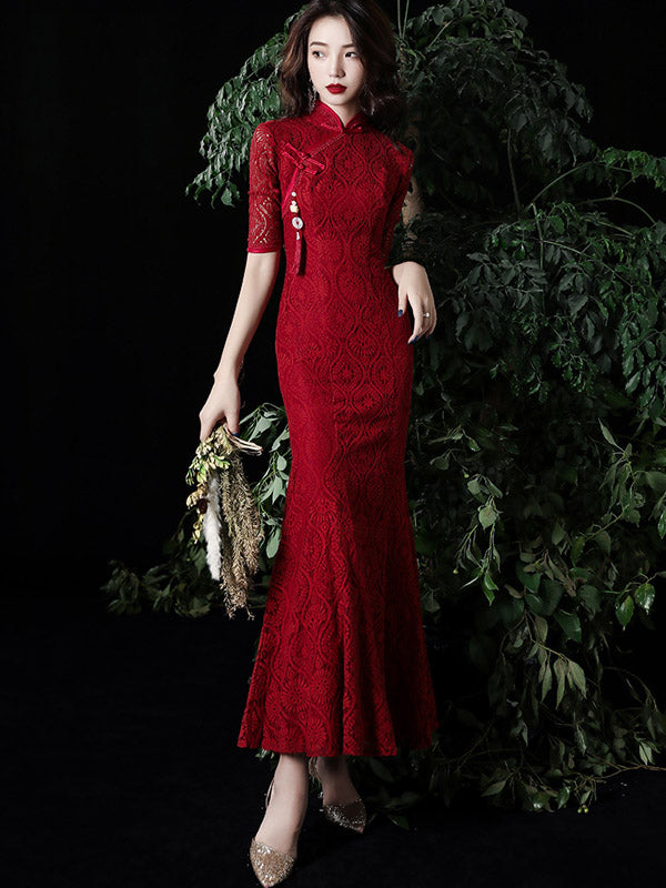 Burgundy Lace Fishtail Qipao / Wedding Cheongsam Dress