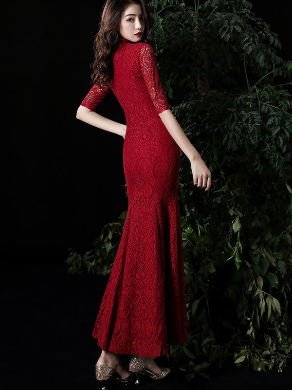 Burgundy Lace Fishtail Qipao / Wedding Cheongsam Dress