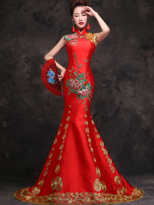 Red Embroidered Trumpet Mermaid Qipao / Cheongsam Evening Dress