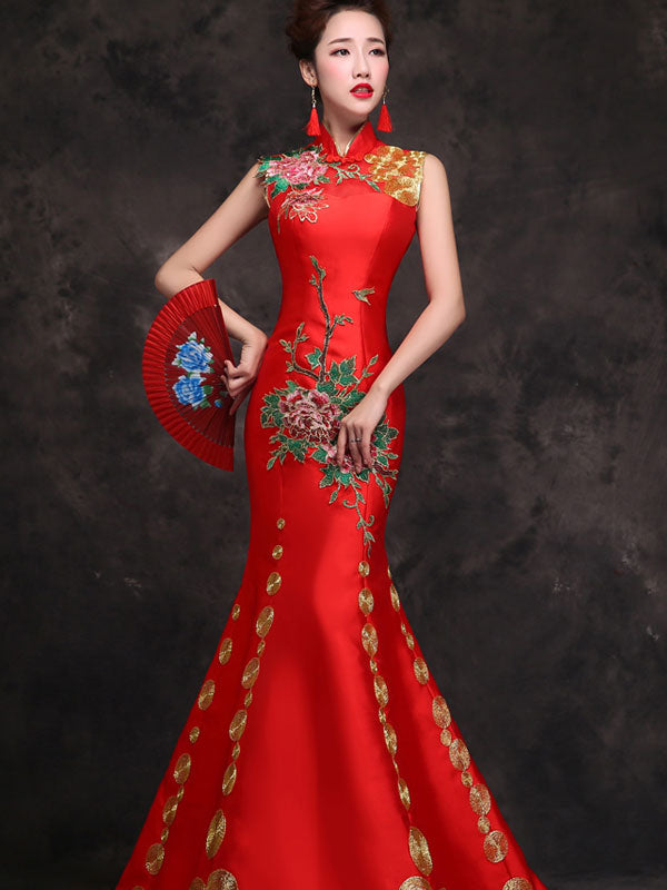 Red Embroidered Trumpet Mermaid Qipao / Cheongsam Evening Dress