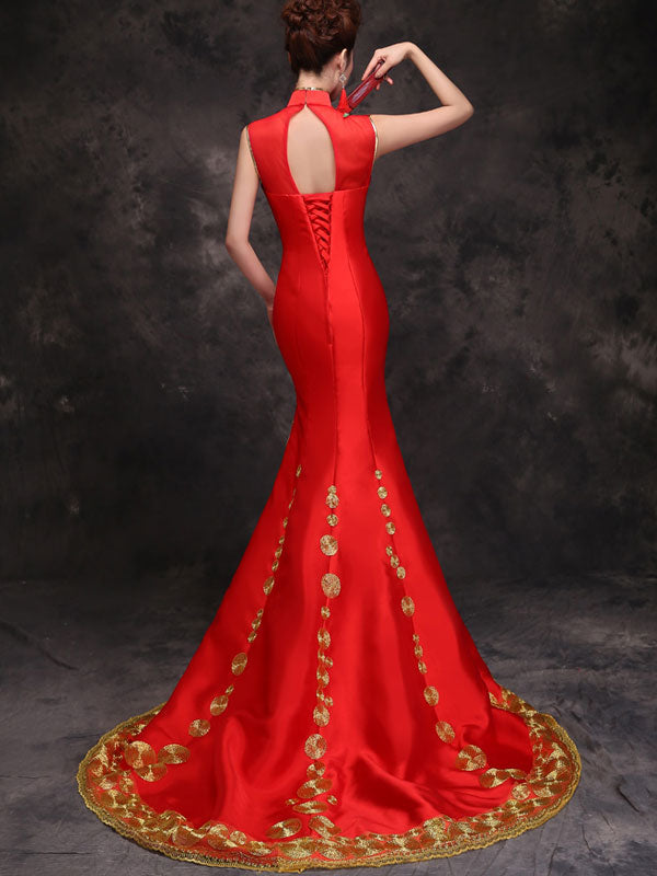 Red Embroidered Trumpet Mermaid Qipao / Cheongsam Evening Dress