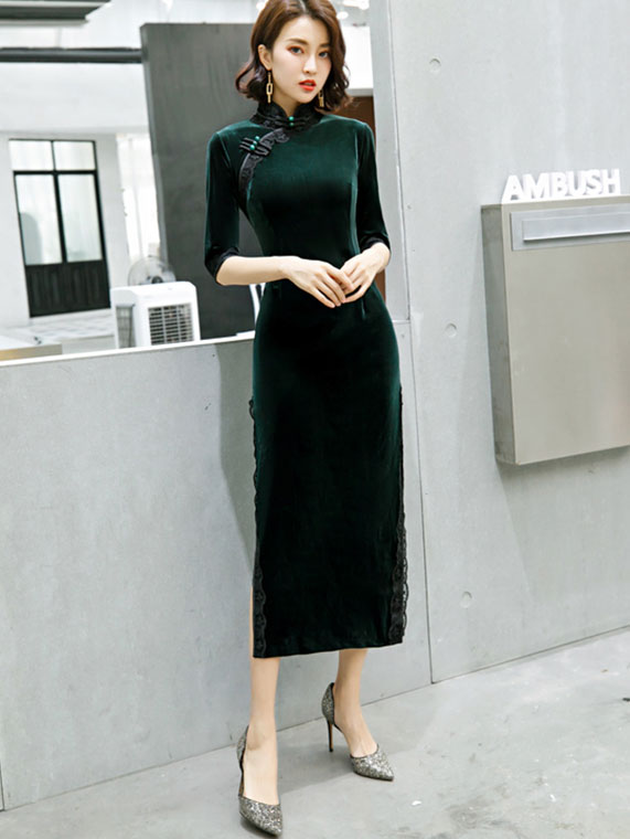 Green Red Velvet Half Sleeve Maxi Qipao / Cheongsam Dress