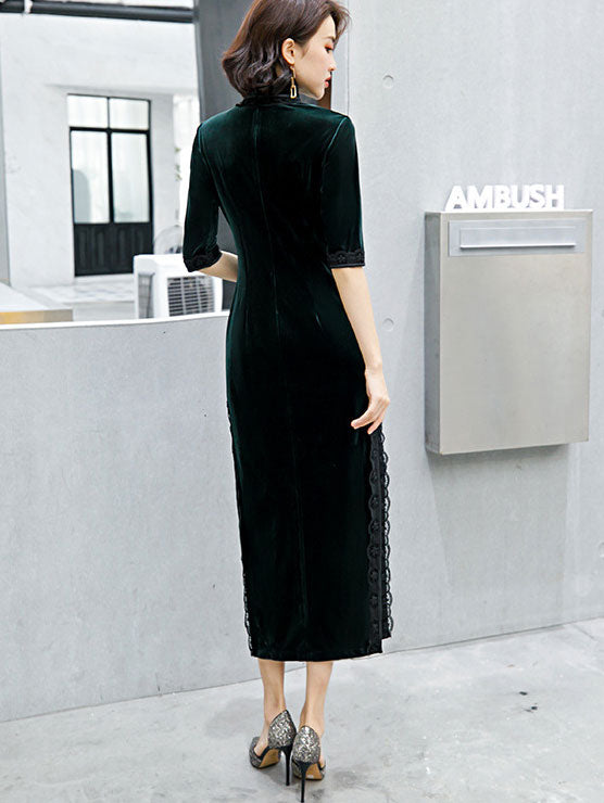 Green Red Velvet Half Sleeve Maxi Qipao / Cheongsam Dress
