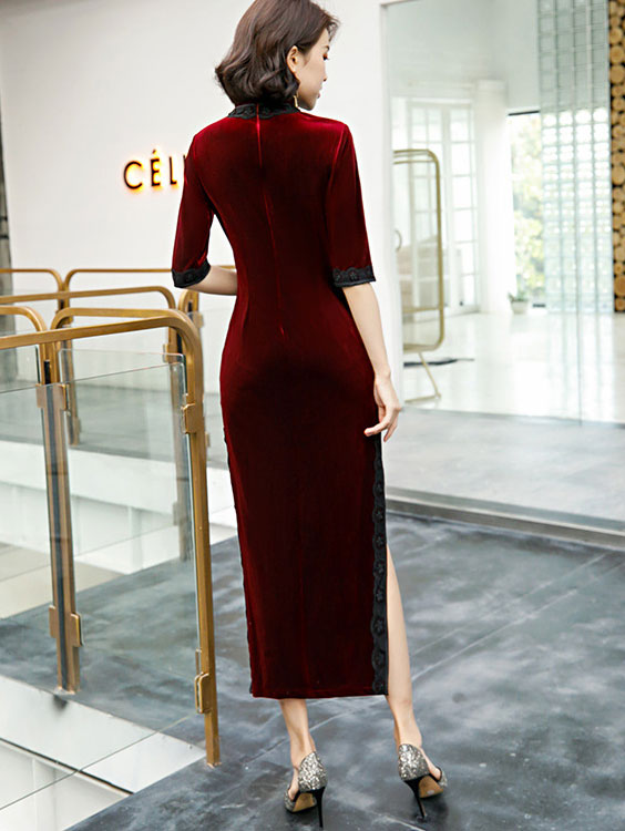 Green Red Velvet Half Sleeve Maxi Qipao / Cheongsam Dress