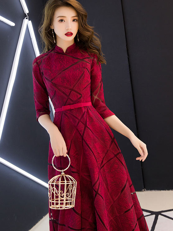 Wine Red A-Line Maxi Qipao / Cheongsam Wedding Dress