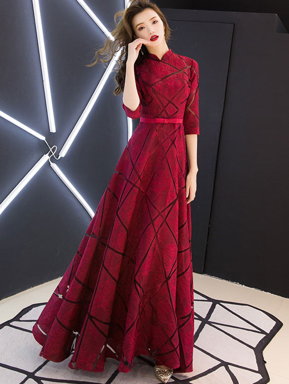 Wine Red A-Line Maxi Qipao / Cheongsam Wedding Dress