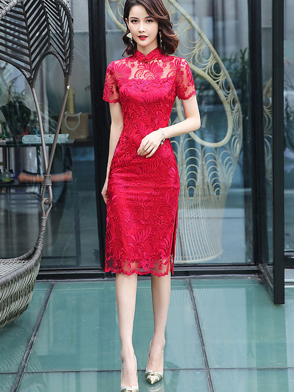 Red Lace Sheer Hem Qipao Cheongsam Wedding Dress
