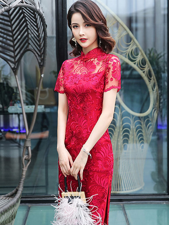 red lace chinese dress 2026 Winter Red Lace Midi Qipao Cheongsam Dress