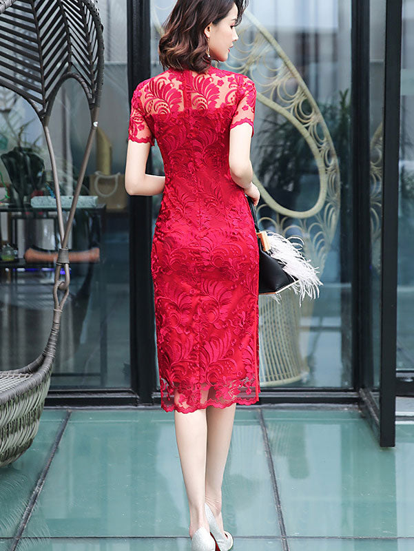 Red Lace Sheer Hem Qipao Cheongsam Wedding Dress