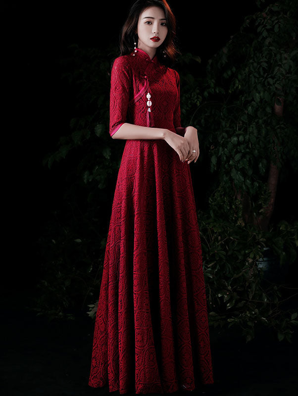 Burgundy Lace A-Line Maxi Qipao / Cheongsam Wedding Dress - IMALLURE Burgundy Lace A-Line Maxi Qipao / Cheongsam Wedding Dress - IMALLURE