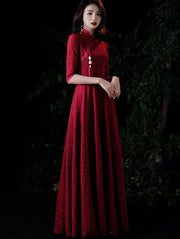 Burgundy Lace A-Line Maxi Qipao / Cheongsam Wedding Dress