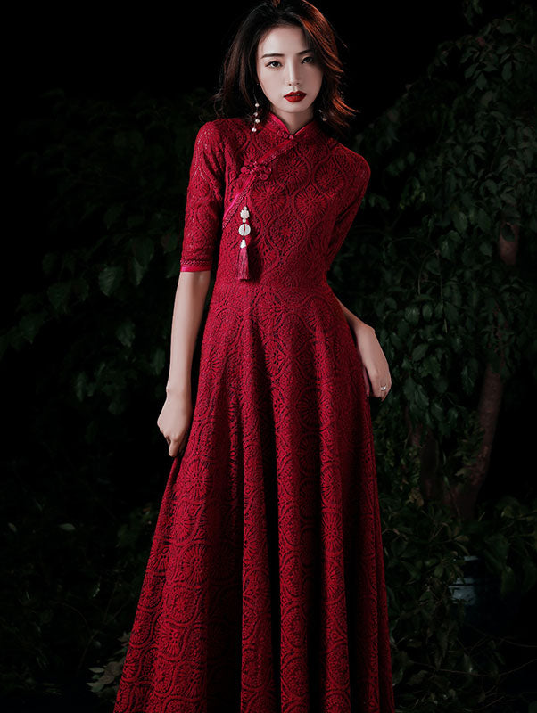 Burgundy Lace A-Line Maxi Qipao / Cheongsam Wedding Dress