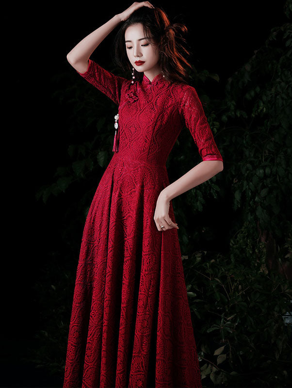 Burgundy Lace A-Line Maxi Qipao / Cheongsam Wedding Dress