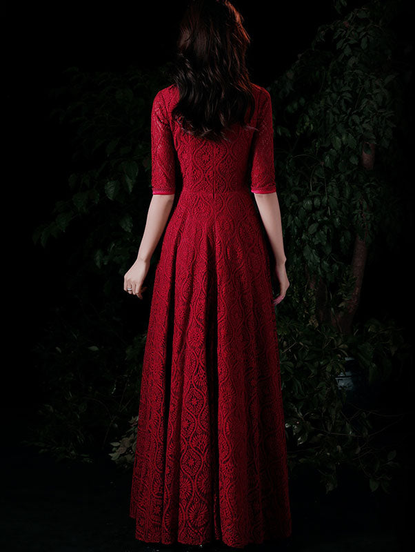 Burgundy Lace A-Line Maxi Qipao / Cheongsam Wedding Dress