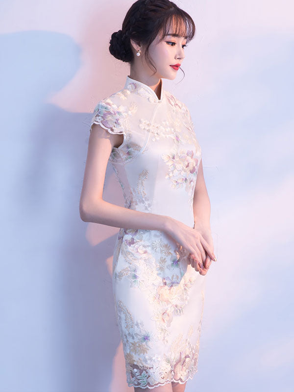 White Embroidered Short Qipao / Cheongsam Party Dress