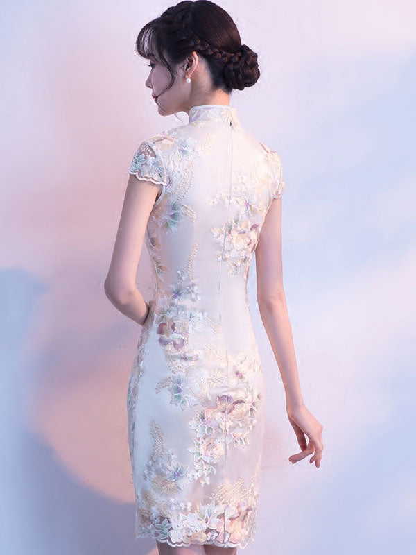 White Embroidered Short Qipao / Cheongsam Party Dress