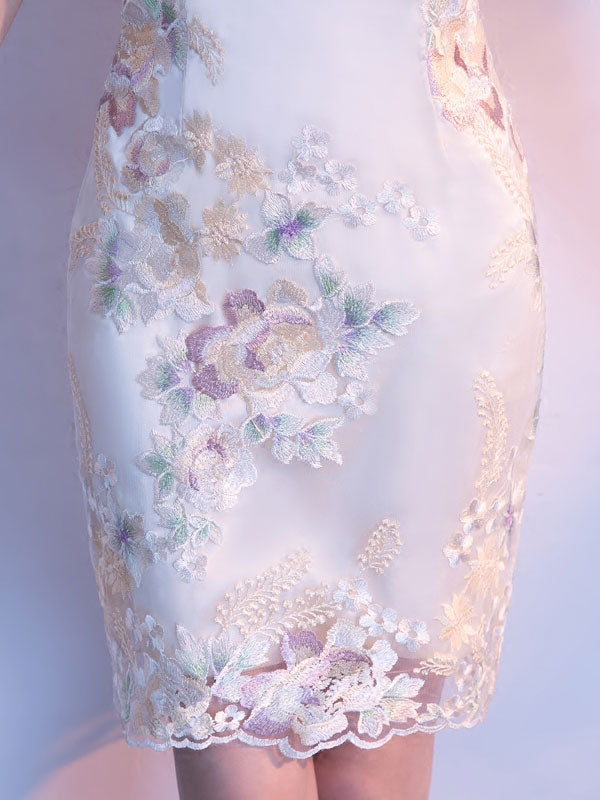 White Embroidered Short Qipao / Cheongsam Party Dress