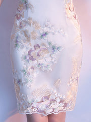 White Embroidered Short Qipao / Cheongsam Party Dress