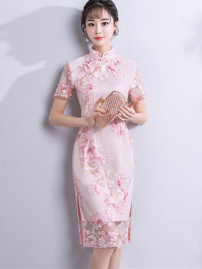 Pink Embroidered Short Modern Qipao / Cheongsam Party Dress