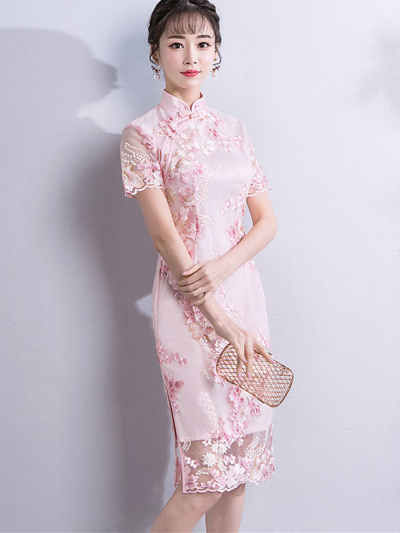 Pink Embroidered Short Modern Qipao / Cheongsam Party Dress