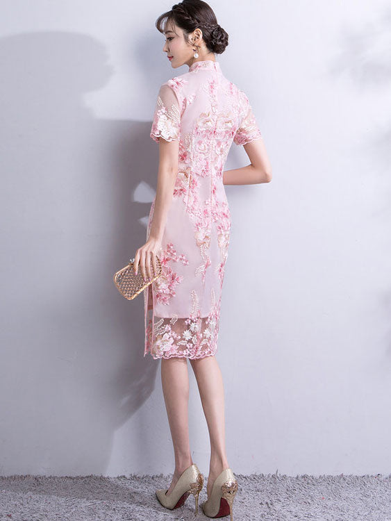 Pink Embroidered Short Modern Qipao / Cheongsam Party Dress