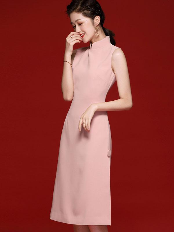 2020 Summer Blue Pink Midi Qipao / Cheongsam Dress