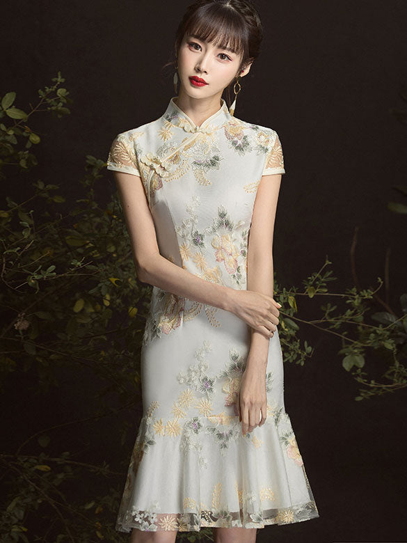 Embroidered Frill Hem Short Qipao / Cheongsam Party Dress