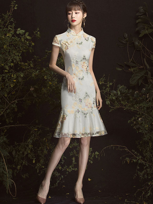 Embroidered Frill Hem Short Qipao / Cheongsam Party Dress