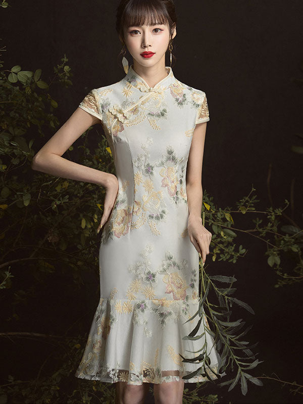Embroidered Frill Hem Short Qipao / Cheongsam Party Dress