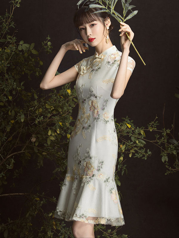 Embroidered Frill Hem Short Qipao / Cheongsam Party Dress