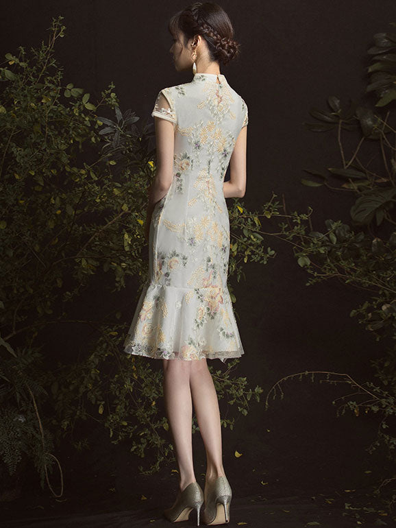 Embroidered Frill Hem Short Qipao / Cheongsam Party Dress