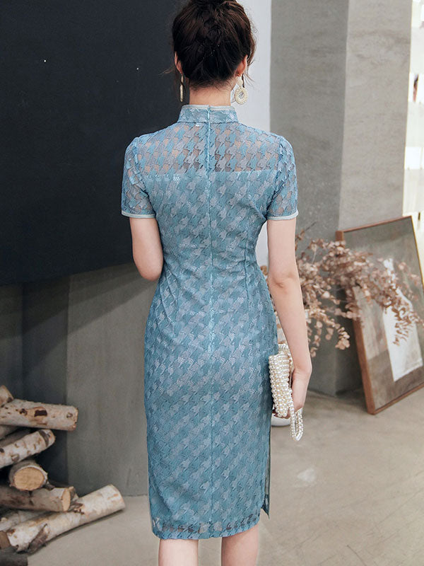 Blue Black Lace Short Qipao / Cheongsam Party Dress