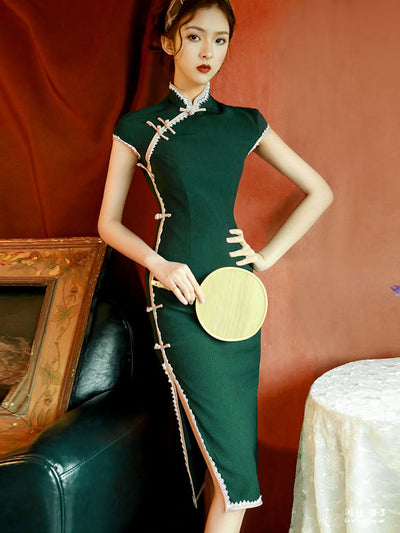 Green Midi Modern Qipao / Cheongsam Dress with Lace Trim