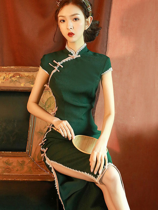 Green Midi Modern Qipao / Cheongsam Dress with Lace Trim