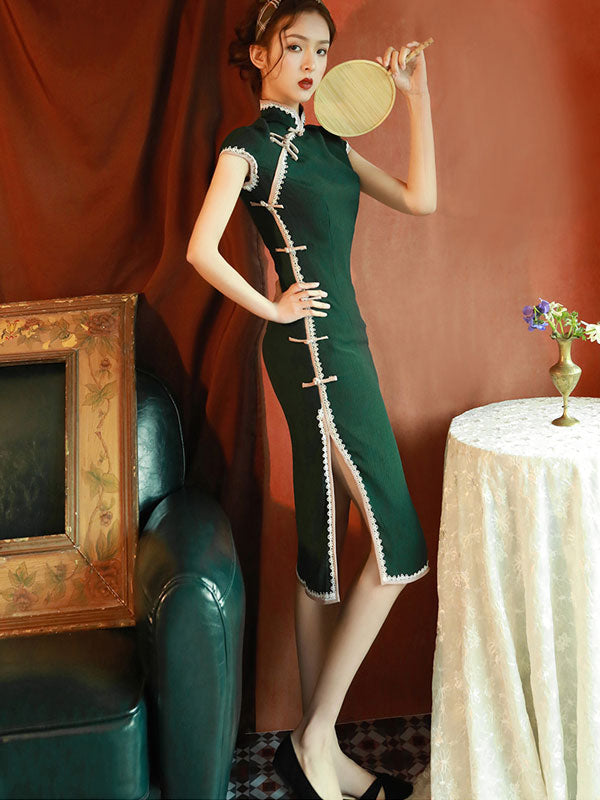 Green Midi Modern Qipao / Cheongsam Dress with Lace Trim