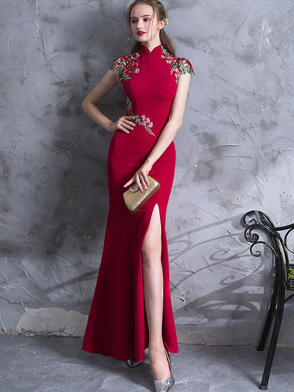Red Embroidered Thigh Split Wedding Qipao / Cheongsam Dress