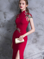 Red Embroidered Thigh Split Wedding Qipao / Cheongsam Dress