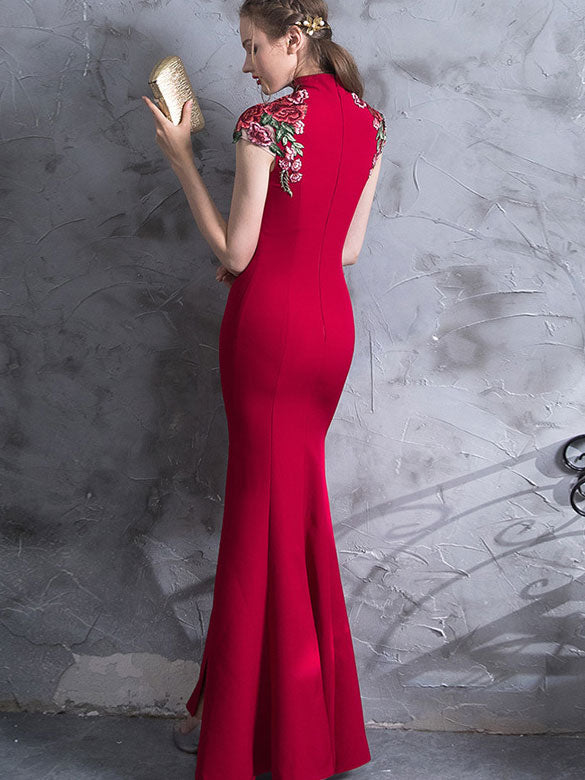 Red Embroidered Thigh Split Wedding Qipao / Cheongsam Dress