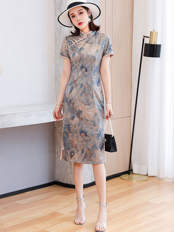 Shimmer Floral Midi Qipao / Cheongsam Party Dress